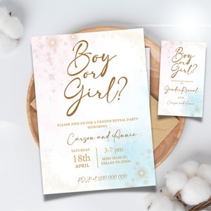 Bearbeitbare rosa und blaue Geschlecht offenbaren Babyparty-Einladungsschablone, Junge oder Mädchen-neutrale Geschlecht offenbaren einladen, er oder sie laden Vorlage ein