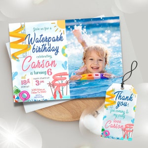 Bearbeitbare und druckbare Wasserpark-Party-Fotoeinladungsvorlage, Wasserrutsche einladen, Wasserpark-Party, Pool-Sommerparty, Danke-Tag