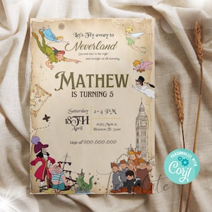 Modèle imprimable d&#39;invitation de fête d&#39;anniversaire de Peter Pan, invitation de fête d&#39;anniversaire de Peter Pan Neverland, anniversaire de ne jamais grandir, invitation de Peter Pan