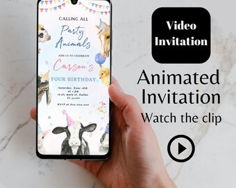 Editable Farm Animals kid birthday party video invitation template, Farm Barnyard animated birthday party, Animals Birthday party invite