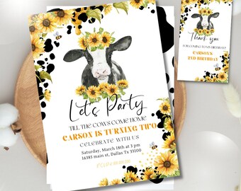 Editable Sunflower Cow Birthday party invitation template, Let's party till the Cow Come Home kid birthday Sunflower farm birthday party