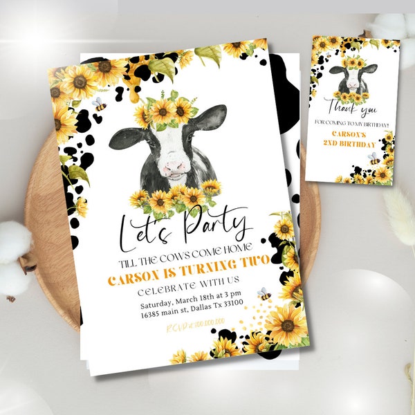 Editable Sunflower Cow Birthday party invitation template, Let's party till the Cow Come Home kid birthday Sunflower farm birthday party