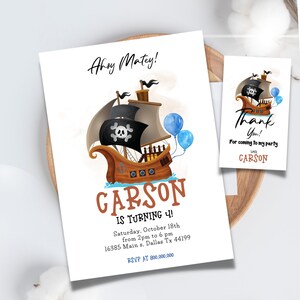 May include: Ahoy Matey! Invitation to a pirate-themed birthday party for Carson turning 4. The invitation features a cartoon pirate ship with a skull and crossbones flag, blue balloons, and the text "Carson is turning 4!" Saturday, October 18th from 2pm to 6pm. 16385 Main s. Dallas Tx 44199. RSVP AT 800,000,000.