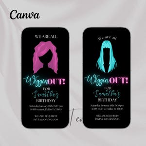 May include: Two black phone screen mockups with neon pink and blue wig silhouettes. The text reads "We are all Wiggin OUT! For Samatha's Birthday. Saturday January 18th 7:00 pm 16385 main st, Dallas Tx 33100. Wig are required! RSVP at 800.000.000".