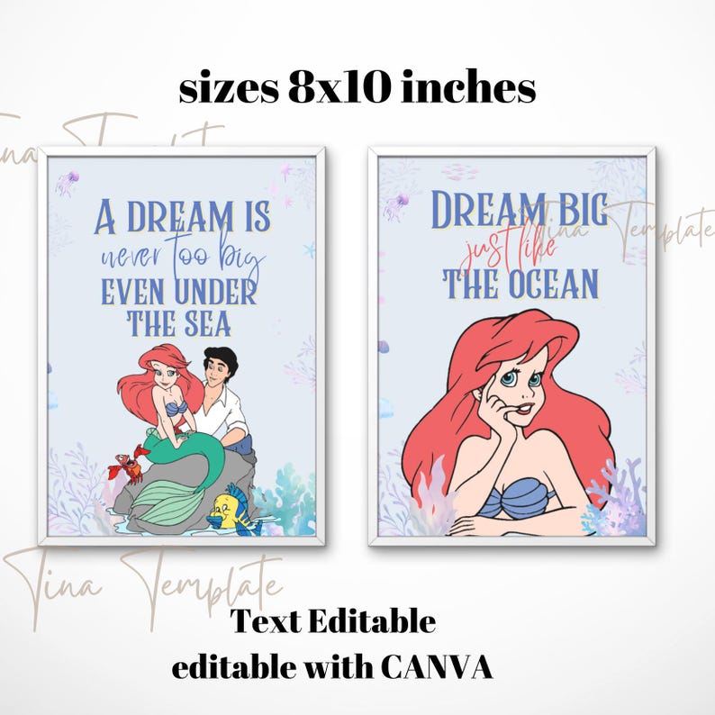 Op de afbeelding: Twee 20,3 x 25,4 cm printbare posters met Ariel uit De Kleine Zeemeermin. De eerste poster heeft een blauwe achtergrond met Ariel en Prins Eric. De tekst luidt "Een droom is nooit te groot, zelfs onder de zee". De tweede poster heeft een lichtblauwe achtergrond met Ariel. De tekst luidt "Droom groot, net als de oceaan".