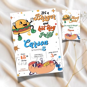 Editable and Printable Burger and Hot dogs party invitation template, Retro Hot dog and Hamburger Party invite, Retro invitation template