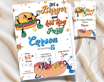 May include: A colorful birthday invitation for a boy named Carson turning 5. The invitation features a cartoon burger and hot dog with the text "It's a Burger and Hot Dog Party". The invitation includes the date, time, and location of the party.