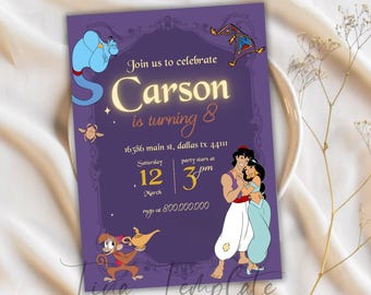 May include: Purple invitation featuring Aladdin characters. The invitation reads "Join us to celebrate Carson is turning 8". The date is March 12th at 3 pm. The invitation includes illustrations of the Genie, Abu, Aladdin, and Jasmine.