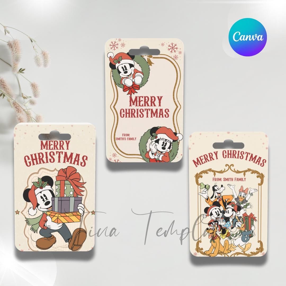 Editable Minnie &amp; Mickey Vintage Christmas Gift Tags Template, Retro ...