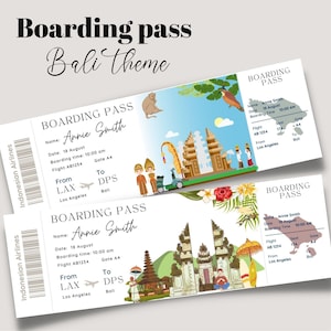 Druckbare und bearbeitbare Bali Indonesien Surprise Bordkarte, Reiseticket nach Bali, Urlaubsticket, bearbeitbare Vorlage, Bordkarte