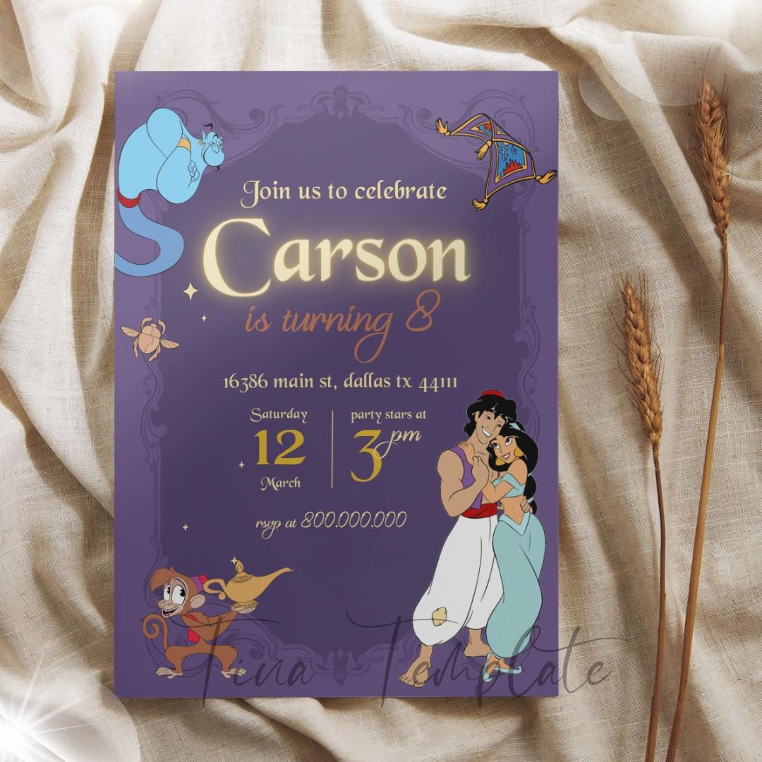 Aladdin Birthday Party Invitation, Jasmine and Aladdin Party Invite ...