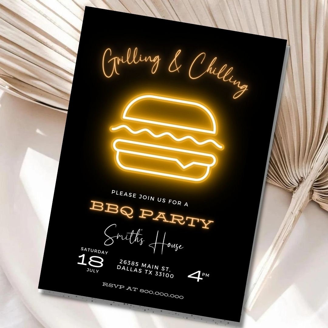 Editable and printable BBQ Burger neon light invitation template, Backyard burger invite, elegant Burger Barbecue adult party, burger party