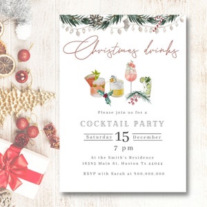 Adult Christmas cocktails Party digital invitation, Christmas Drinks invitation template, canva Edit, Instant Download, Holiday reunion