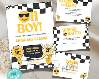 editable Oh Boy Baby Shower Bundle Invitation template, Cool dude Retro Baby Shower Invite, Checkered baby shower bundle Corjl template