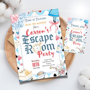 Editable Alice in Wonderland Escape Room Birthday party invitation template, Mystery party any age birthday party invite, Thank you tag