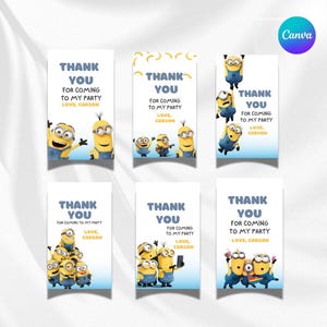 Afdrukbaar Minion 6-bedankkaartje-feestsjabloon, Minion-label verjaardagsfeestje, Minion-thema cadeaulabelsjabloon, Minion-bedanklabel