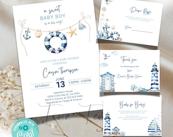 editable Ocean & Sea Baby Shower Bundle Invitation template, Ocean Baby Shower Invite, ahoy it's a boy nautical baby Shower bundle corjl