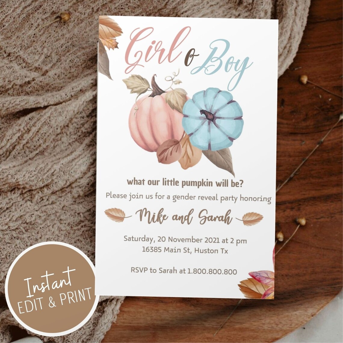 PUMPKIN Gender Reveal Invitation Template Fall Invite He - Etsy