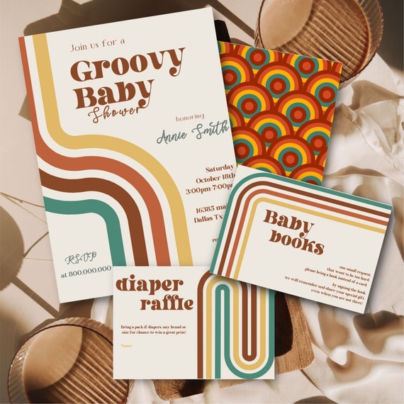 editable and Printable Groovy theme Baby Shower invitation, Retro baby shower, 70s Retro theme Baby shower invite, Bundle Shower invite