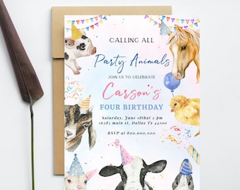 May include: A colorful party invitation with a watercolor illustration of farm animals wearing party hats. The invitation says "Calling all Party Animals" and "Join us to celebrate Carson's Four Birthday". The invitation also includes the date, time, address, and RSVP information.