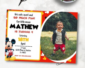 Editable and printable photo frame Mouse kid birthday invitation template, mouse theme any age birthday boy template, toddler birthday Party