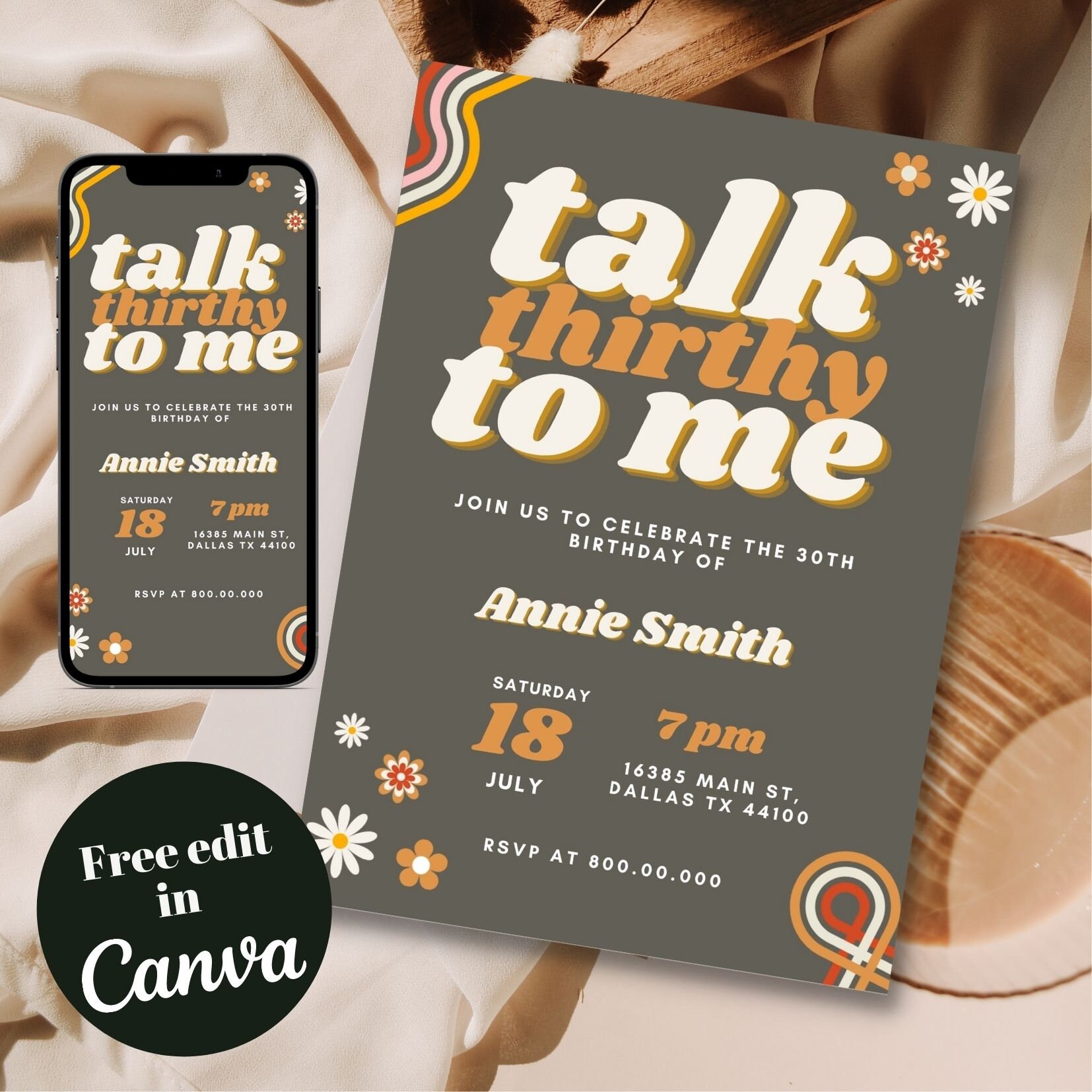 Printable and electronic 30th Birthday invitation template thirty invitation for her talk thirty to me Groovy birthday hippie