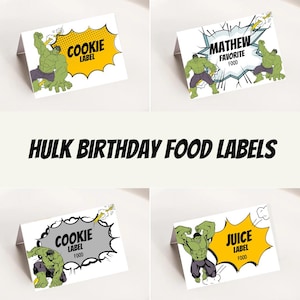 Modelo de etiqueta de comida do Hulk para impressão, decoração de festa de aniversário do Hulk, cartões de etiqueta de comida de aniversário de super-heróis, cartões de lugar de aniversário do Hulk