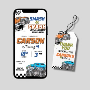 Editable Monster Truck Birthday invitation template, Monster Truck birthday invite, Smash and Crash kid birthday party invite, Thank you tag