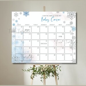 May include: A printable baby shower game calendar with a winter theme. The calendar has a blue and white snowflake design and the text "Guess the arrival date of Baby Carson".