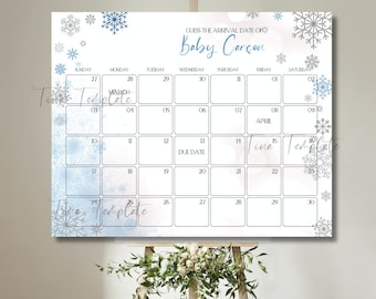 Op de afbeelding: Een printbare baby shower-spelkalender met een winterthema. De kalender heeft een blauw en wit sneeuwvlokkenontwerp en de tekst "Raad de aankomstdatum van Baby Carson".