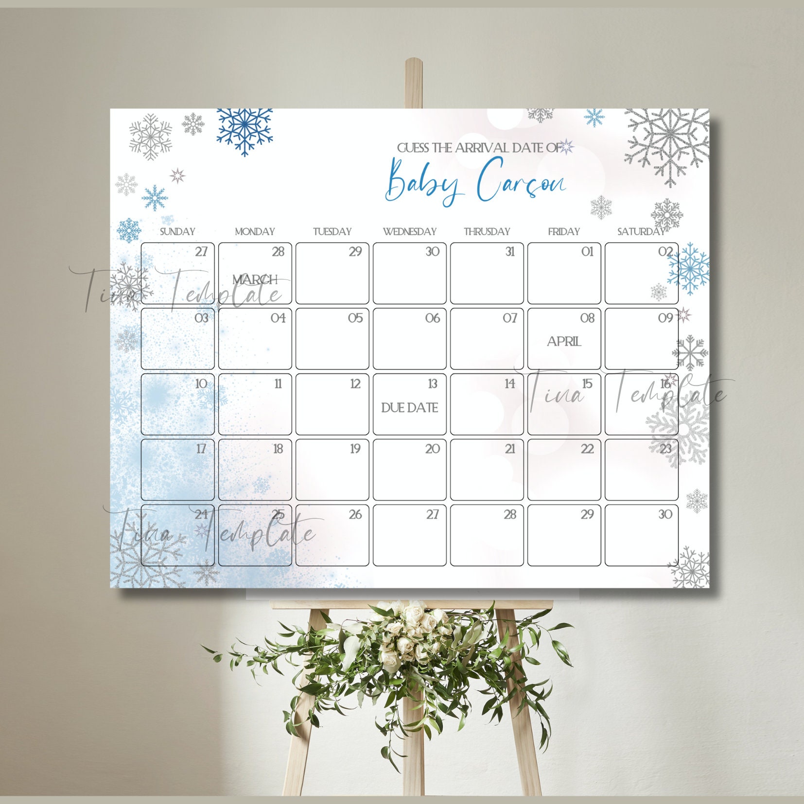 Editable Baby It's Cold Outside Baby Shower Due Date Calendar, Blue ...