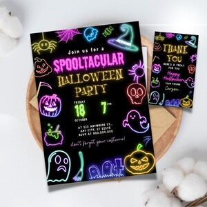 Editable and Printable Neon Halloween Invitation, Printable Neon Halloween Birthday Invite, Spooky neon Halloween invitation template