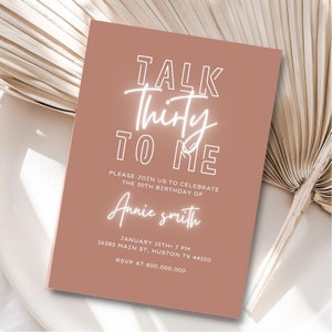 Electronic 30th Birthday invitation template, printable 30 invitation for her, talk thirty to me neon light birthday, boho women birthday