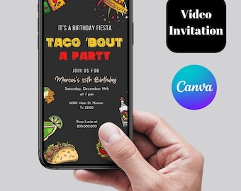 editable Taco Bout a Party video invitation template, Any age fiesta birthday party animated invite, Mexican theme party, Taco night party