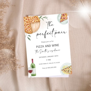 Printable and mobile pizza and wine night minimalist invitation template, elegant pizza dinner invite, Italian dinner, Girls night, family