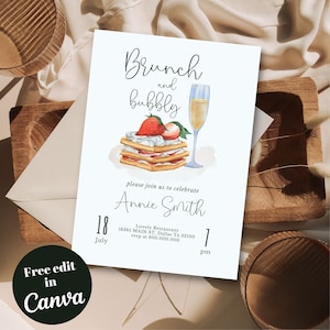 editable and printable Brunch and Bubbly watercolor invitation template, Bridal Shower invite, Brunch invitation, Lets brunch invite