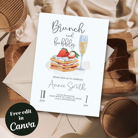 Editable and Printable Brunch and Bubbly Watercolor Invitation