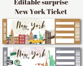 May include: Two printable New York City ticket templates. The top ticket is brown with a watercolor background and the bottom ticket is gray with a pink watercolor background. Both tickets have a space for a name, from, to, and a message. The tickets feature iconic New York City landmarks.