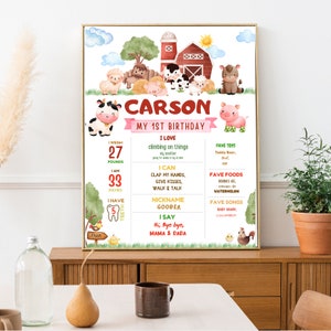 editable Farm Birthday Milestone Poster template, Farm Milestone Board Poster, Cute Farm Animal Milestone poster template