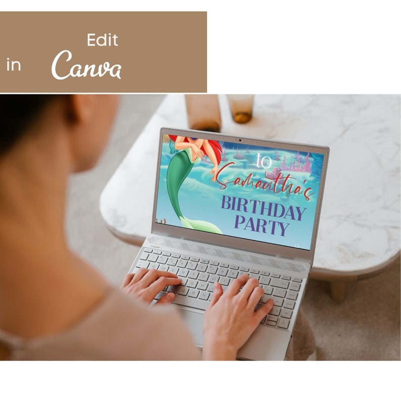 May include: A laptop screen displaying a digital invitation for a birthday party. The invitation features a cartoon image of Ariel, the Little Mermaid, with the text "To Samantha's Birthday Party".