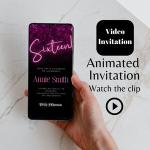 Editable & Mobile Sixteen Birthday Party video Invitation template, sweet sixteen neon pink animated girl Birthday invite, Sparkling invite