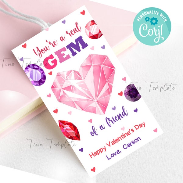 Editable Valentines You're a real Gem Gift Tag template, Gem of Friend Candy Valentine Gift Tag, Valentine Gift Tag template, Friend Gift
