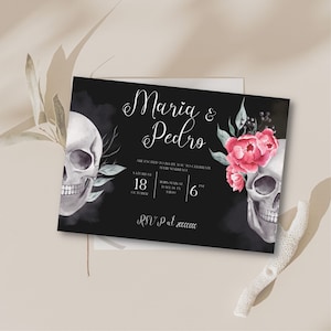 bearbeitbare und druckbare Halloween-Hochzeitseinladungsvorlage, Skelett-Hochzeitseinladung, gotische Hochzeitseinladung, Dia de los muertos Boda