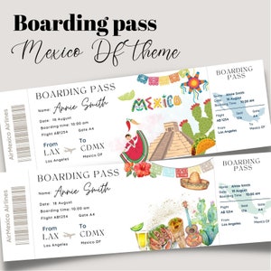 Billet de carte d'embarquement Mexico Df Surprise imprimable et modifiable, billet de voyage au Mexique, billet de vacances, modèle modifiable, carte d'embarquement