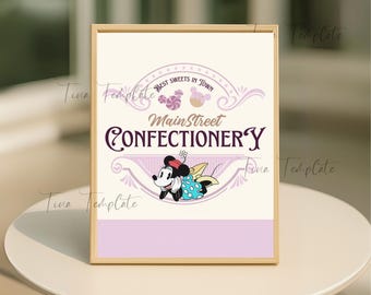 Plantilla de letrero de confitería de Minnie, Confitería Main Street, Decoración para fiesta de cumpleaños de Minnie, Baby Shower de Minnie, Decoración para fiesta de Disneyland