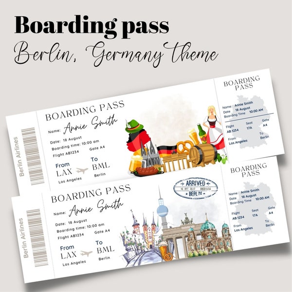 Billete de tarjeta de embarque sorpresa de Berlín imprimible y editable, billete de viaje a Alemania Berlín, billete de vacaciones, plantilla editable, tarjeta de embarque