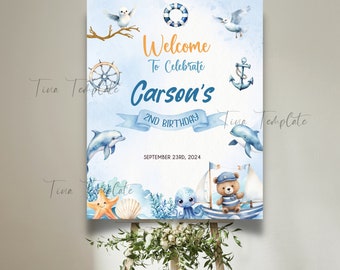 Editable and printable Under The Sea Birthday welcome sign template, Editable Ocean Animals Party poster Template, Under The Sea party sign