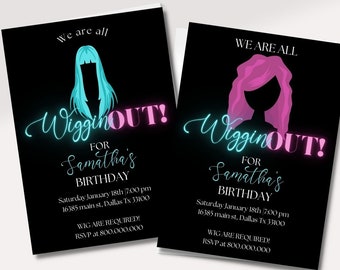 bewerkbare en afdrukbare sjabloon pruik feestuitnodiging, neonlicht pruikfeest, verjaardagsfeestje meisje, vrijgezellenfeest, avondje uit voor meisje
