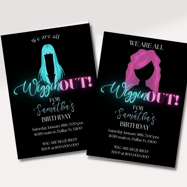 editable and printable Wig party invitation template, Neon light wig party, girl Birthday party, Bachelorette party, Girl night out invite