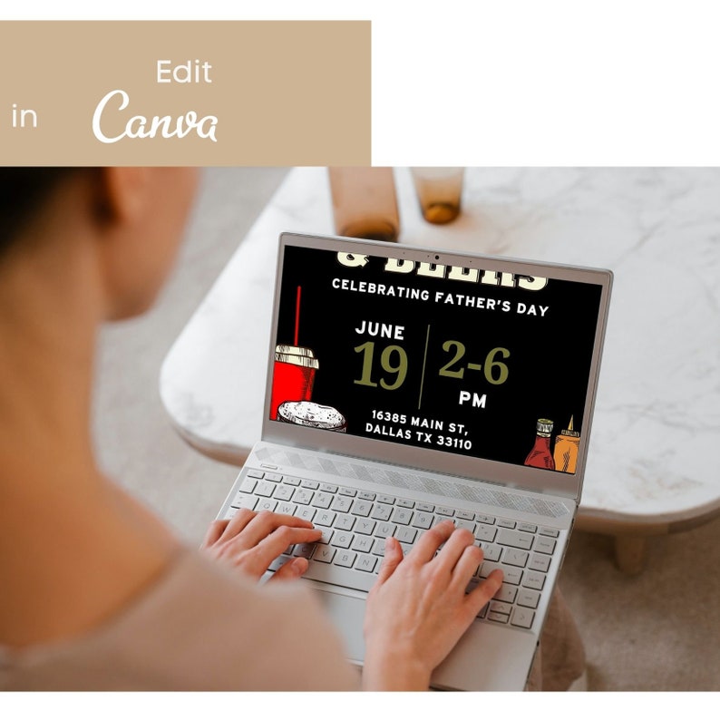 May include: A laptop screen displaying a black and gold graphic for a Father's Day celebration at a restaurant called "& Burgers". The graphic includes the text "Celebrating Father's Day", "June 19", "2-6 PM", "16385 Main St, Dallas TX 33110".